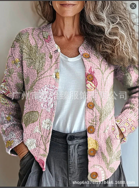 Autumn new colorful warm sunshine flower sea printed button cardigan m301725