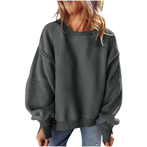 Splicing design hem irregular loose plush sweater top women m301914