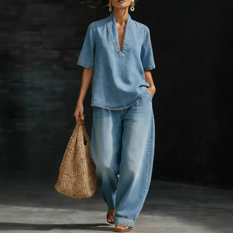 Casual retro denim V-neck short-sleeved trousers set m302511