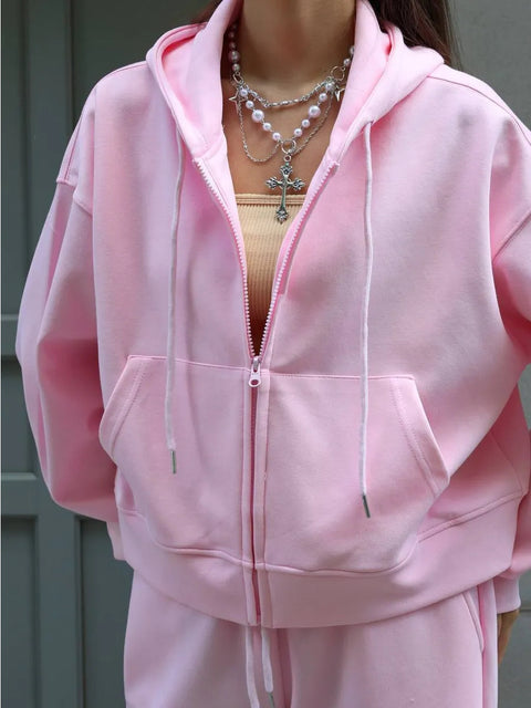 Long Sleeve Zipper Cardigan Hooded Sweater Lace-Up Pants Two-piece Cotton M301805