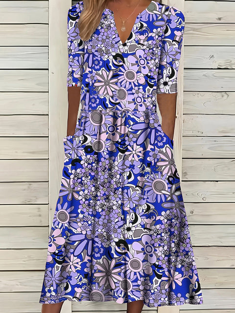 Printed V-neck elegant five-quarter sleeve dress m301208