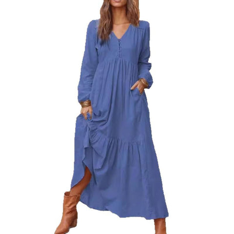 Button cotton and linen retro casual long-sleeved dress big swing long dress multi-color m301374