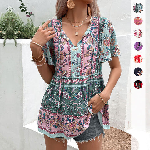 Summer personality versatile new European and American ethnic style flower geometric printing shirt women's m301744