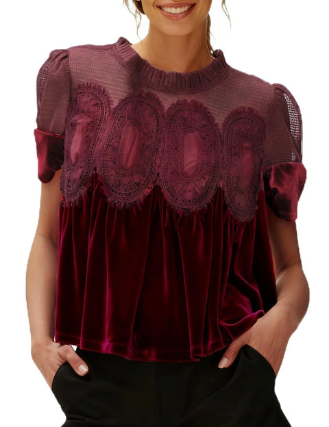 Mesh embroidered lace round neck pullover solid color velvet loose top m302350