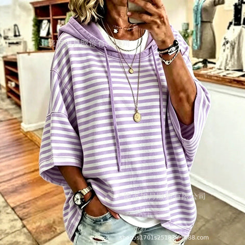 3D printed women's striped hooded loose casual sweater m303000
