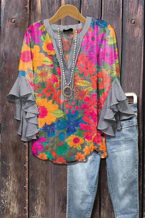 Creative floral element printing digital printing casual trend V-neck lotus edge T-shirt m301358