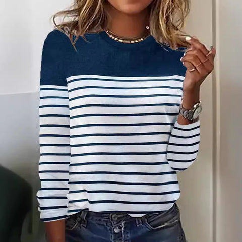 Long Sleeve Striped Two-Color Printed Splicing Crew Neck Top T-Shirt m300892