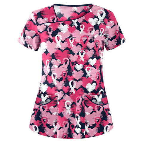 Printed V-neck short-sleeved pocket T-shirt women's top m301596