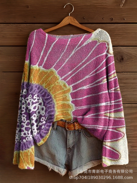 Vacation print casual cape top crew neck knitted sweater m302130