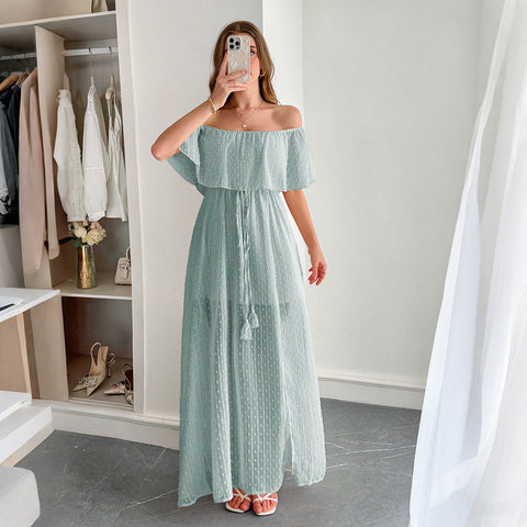 Casual simple wind off-the-shoulder semi-transparent slim-fit long dress m301413