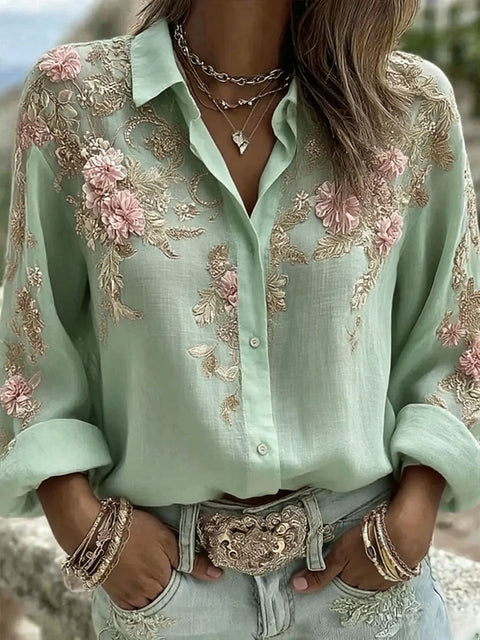 Chemise femme boutonnée à manches longues et revers fleuri m303076