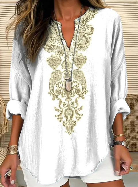 Loose 3D Printed V-Neck Shirt Long Sleeve T-Shirt m301360