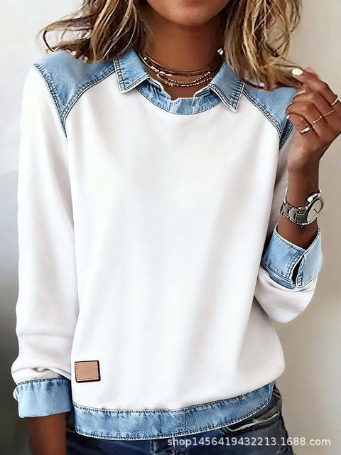Denim collar long sleeves, pullover spliced knitted sweater top m302161