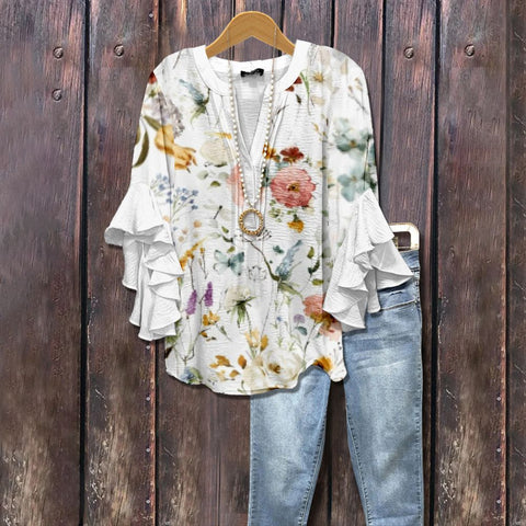 Digital printing casual trend V-neck lotus edge T-shirt women's m302725-1