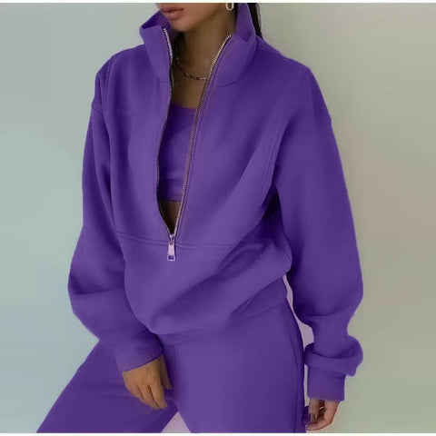 Casual sports home loose and comfortable zipper fleece knitted sweater sweatpants two-piece women's clothing m301654