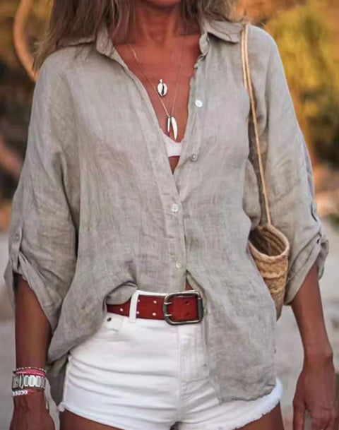 Women's Cotton and Linen Solid Color Loose 3/4 Sleeve Shirt M300358