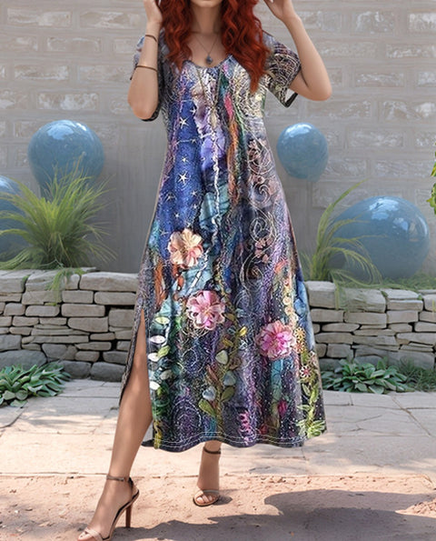 Casual loose printing women's medium-sleeved V-neck ethnic style dress m301203