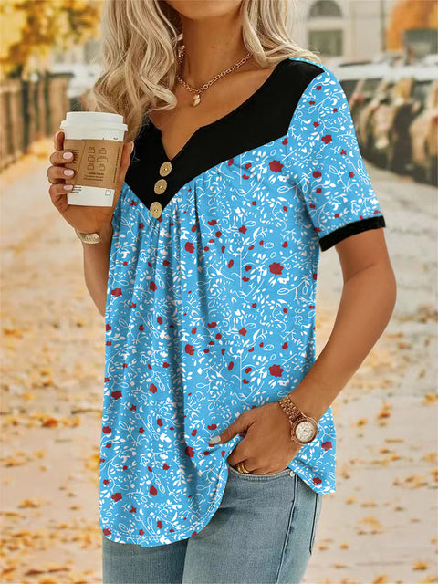 Small floral splicing button casual short-sleeved top m300662