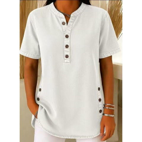 Crew Neck Button Daily Commuter Denim Casual Short Sleeve T-Shirt m303259