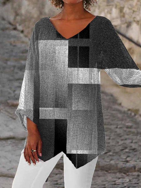 Women's printed animal natural scenery V-neck nine-quarter sleeve loose T-shirt m301289