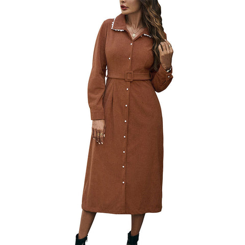 Women's Autumn/Winter Collared Patchwork Lace Long-Sleeved Corduroy Dress m300784