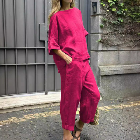Women's 2-Piece Plus Size Cotton Linen Shirt Set High-Waisted Loose Pants M302296