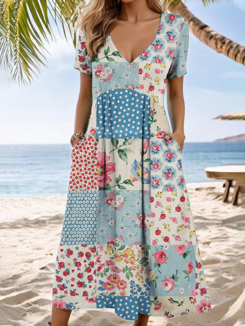 Casual V-neck short-sleeved pocket digital printing women's dress long dress m301426