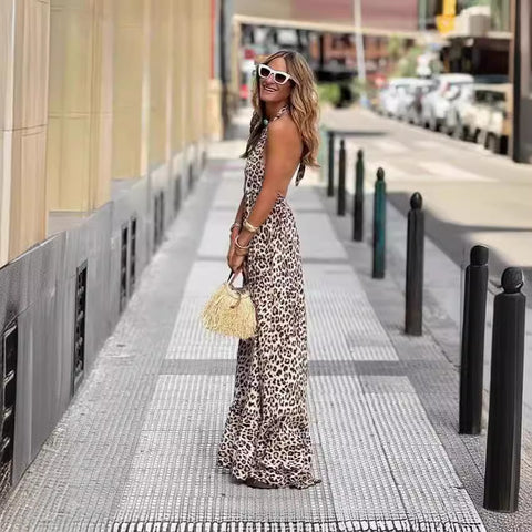 Internet celebrities with leopard print V-neck neck halter sexy suspender dress m301493
