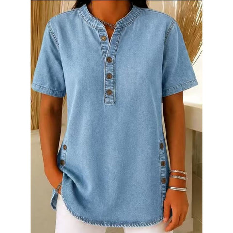 Crew Neck Button Daily Commuter Denim Casual Short Sleeve T-Shirt m303259