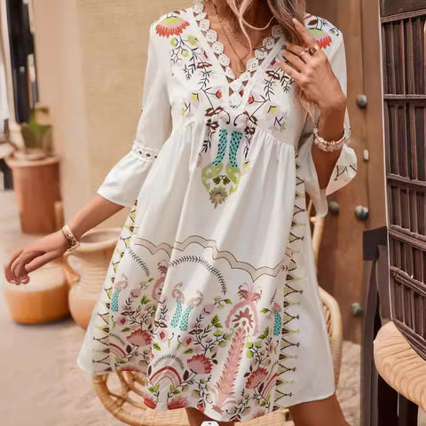 New V-neck lace splicing casual versatile print dress m300993