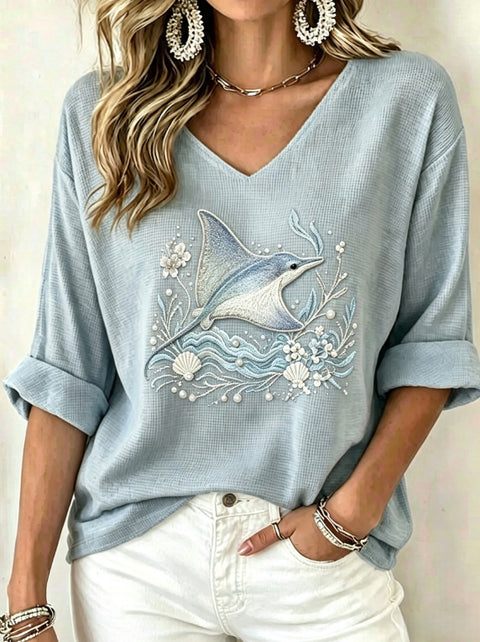 Pull col V manches longues imprimé femme m303200