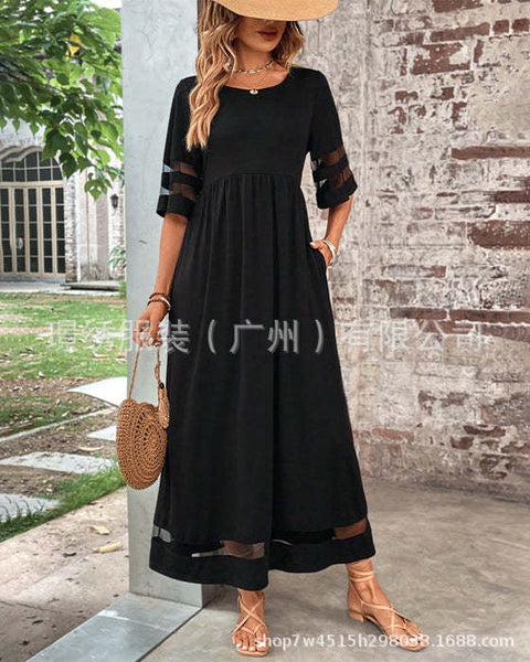 Large size women's five-quarter sleeve mesh crew neck splicing pocket dress m302052