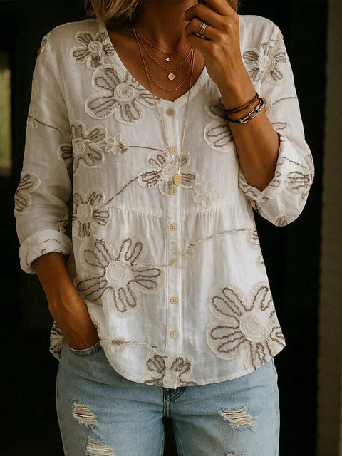 Crew Neck Women's Floral 3D Printed Women's Henley Shirt m302611
