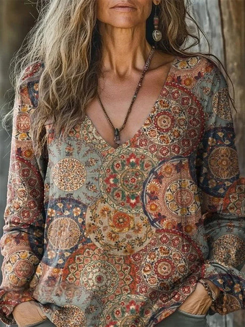 Casual V-Neck Long Sleeve Pullover Digital Printing Women's Upper T-Shirt m303120