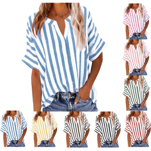 Women's top shirt loose casual V-neck button striped contrasting short sleeve m302416