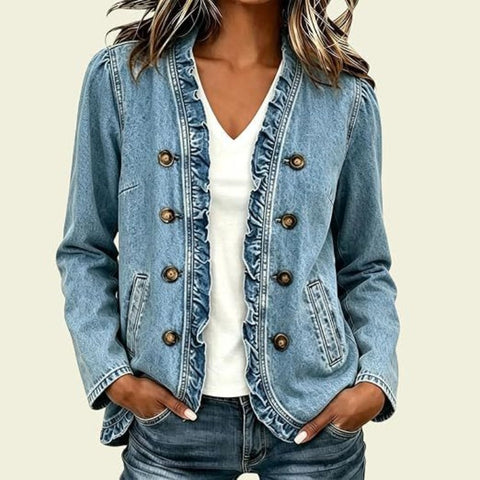 Washed denim jacket women's ruffle edge button-up denim jacket m303256