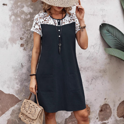 Spring and summer new women's clothing casual loose contrasting color lace splicing pocket dress m301448