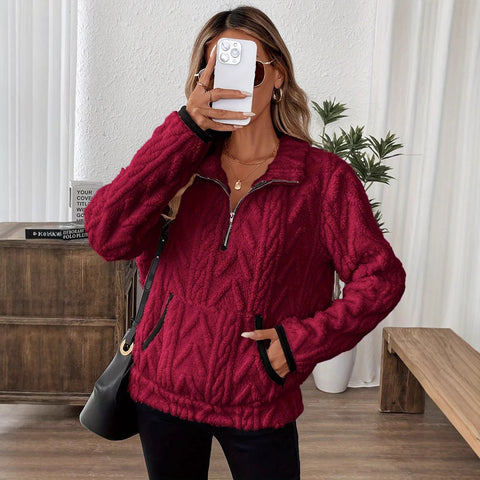 Lapel small fragrant wind jacquard half zipper plush pocket short sweater m302167