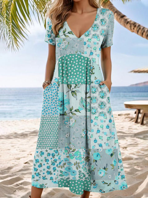 Casual V-neck short-sleeved pocket digital printing women's dress long dress m301426