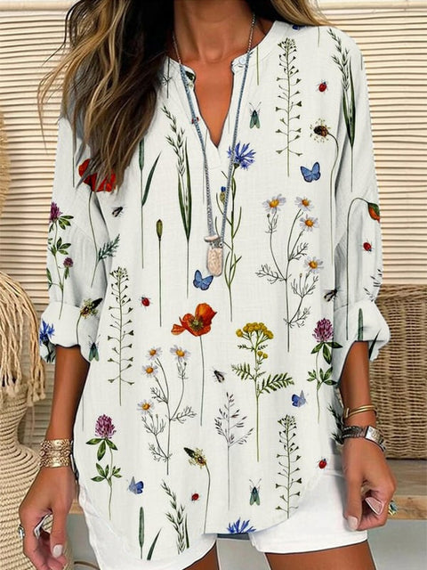 Loose 3D Printed V-Neck Shirt Long Sleeve T-Shirt m301360