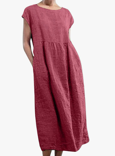 Solid color sleeveless loose cotton and linen pocket dress m301608