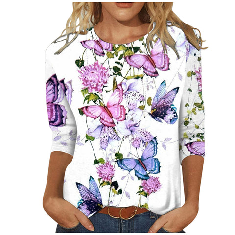 Women's Clothing round Neck 3/4 Sleeves Loose Print T-shirt M300227
