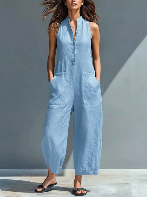 Sleeveless stand-up collar pocket jumpsuit m302843