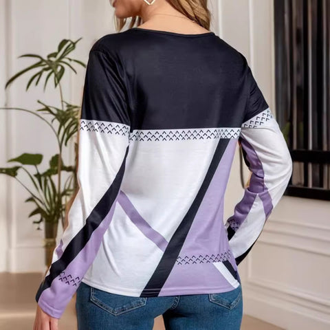 Spring and Autumn Elegant Geometric Contrast Top Long Sleeve T-Shirt m301645
