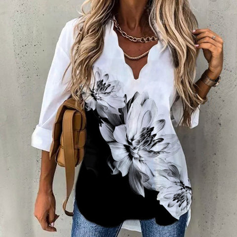 Fluted Collar Shirt Printed Long Sleeve Female M300215