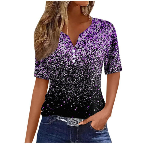 V-neck three-button 3D printed short-sleeved women's top m300617