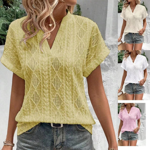 New casual hollow jacquard v-neck loose short-sleeved shirt women's m302694