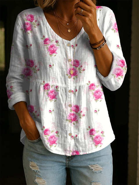 Crew Neck Women's Floral 3D Printed Henley Shirt m303180