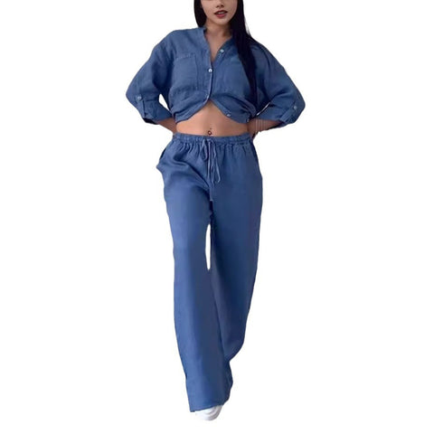 Casual cotton and linen solid color shirt drawstring wide-leg pants set m302317