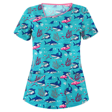 Printed V-neck short-sleeved pocket T-shirt women's top m301596